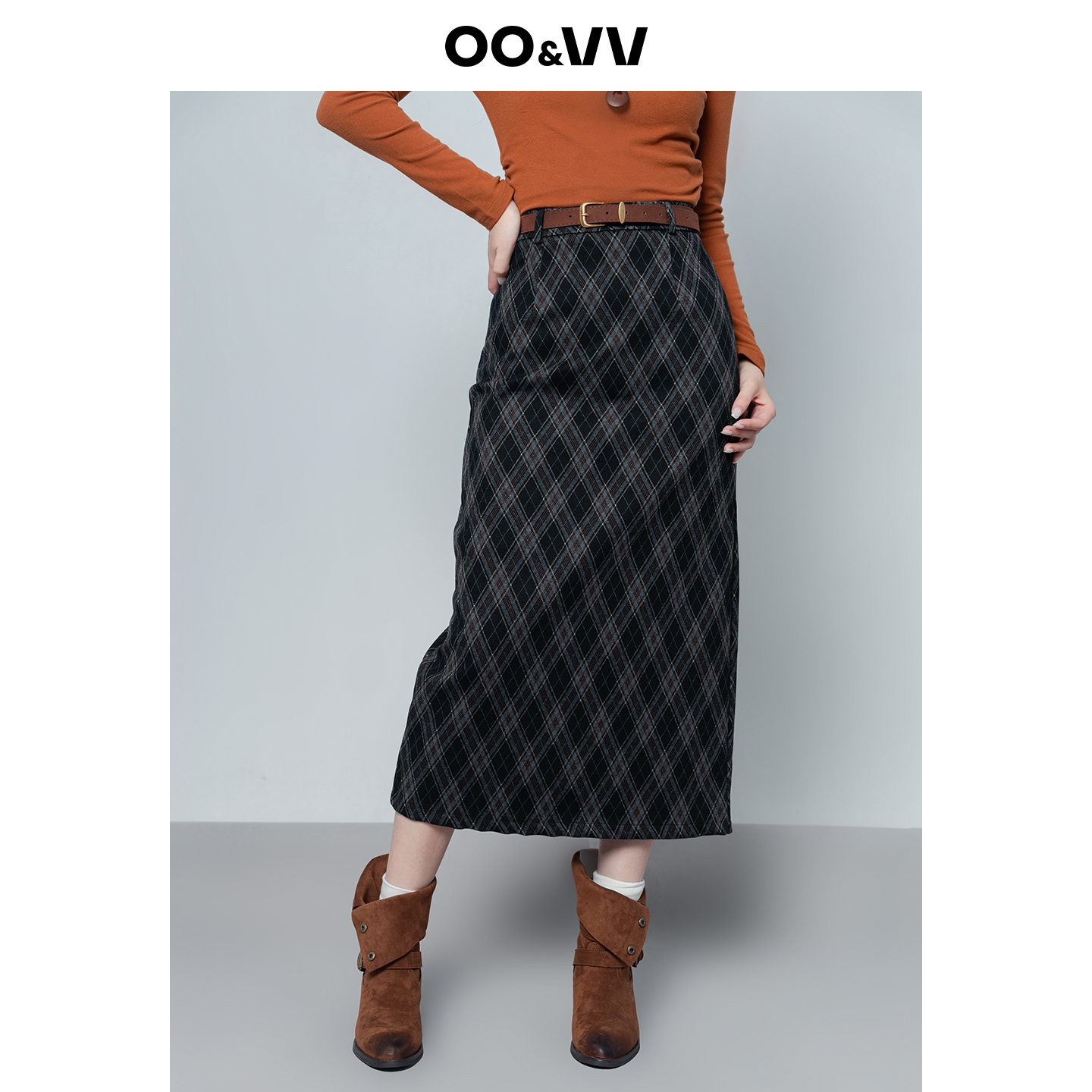 OO&VV复古格纹毛呢半身裙女2025冬高腰显瘦A字长裙学院风直通裙子