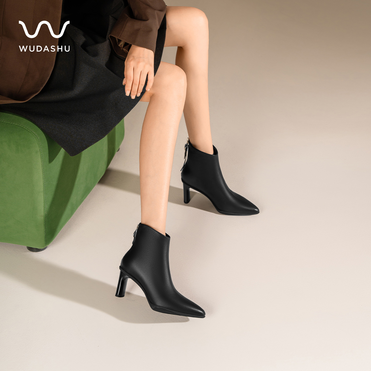 吴大叔【新国标95白鹅绒】法式羊皮及踝靴气质高跟短靴鹅绒靴Z293E