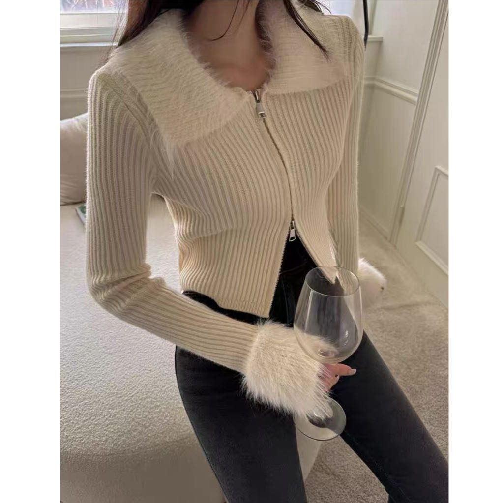 法式翻领别致拼接毛领开衫秋冬新款长袖气质短款针织女82068#0.1