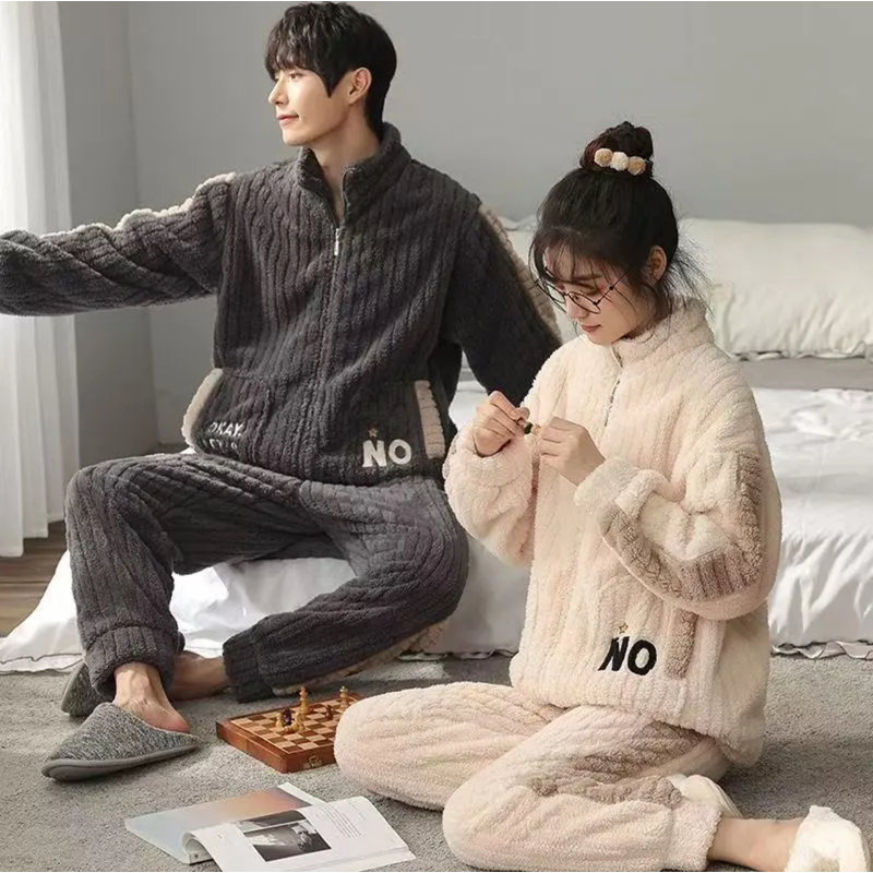 男女情侣款拉链珊瑚绒睡衣秋冬加厚加绒长袖保暖可外穿