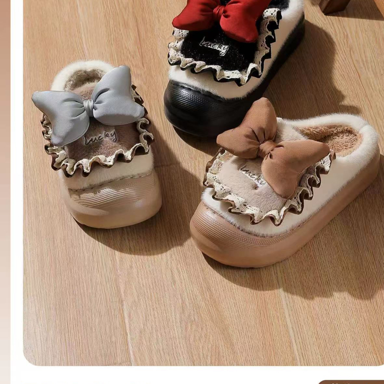 洛丽塔蝴蝶结女冬季可爱厚底保暖加绒居家棉拖鞋