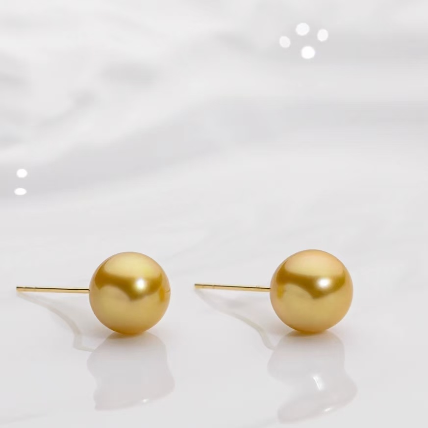 925银耳饰 【飛梵*匠造】7-8mm正圆极光浓金微暇金色耳钉0010