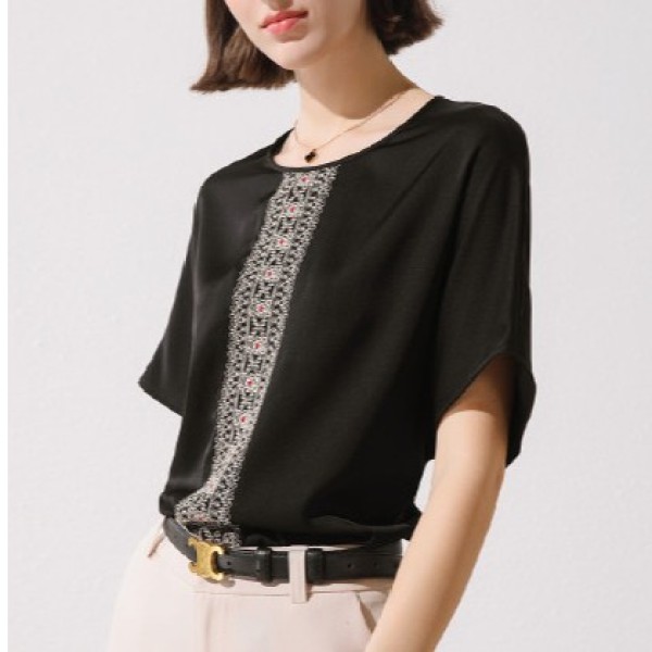 桑蚕丝刺绣复古民族风圆领蝙蝠袖百搭春夏短袖上衣女式T恤 6925