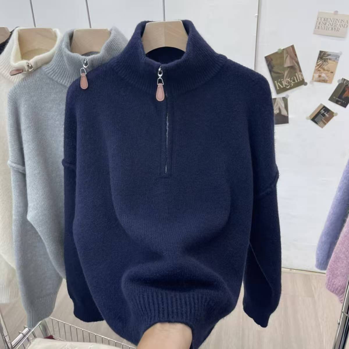 套头款女落肩袖常规韩版毛针织衫翻领半高领立领套头