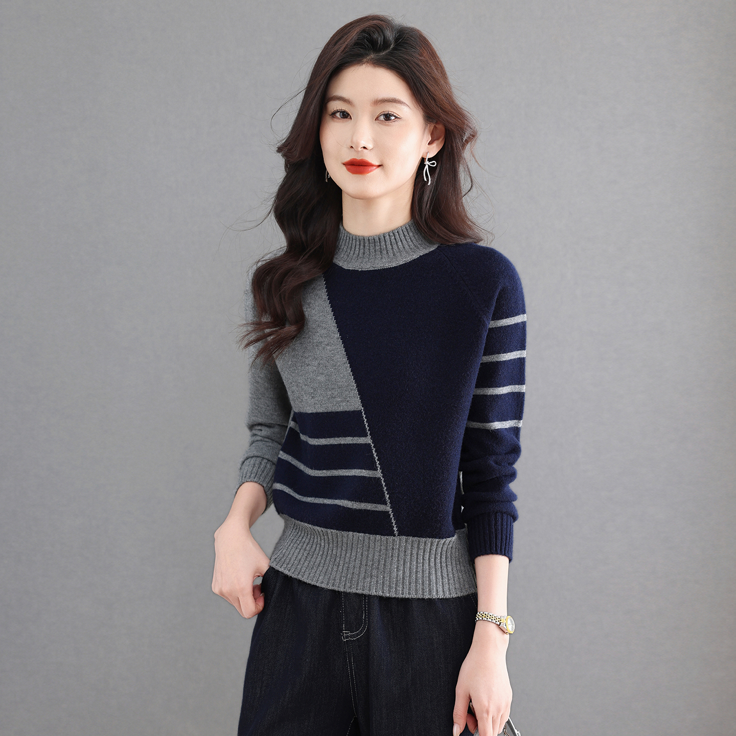 正品2025冬季新款拼色半高领不对称长袖针织衫气质减龄休闲打底衫