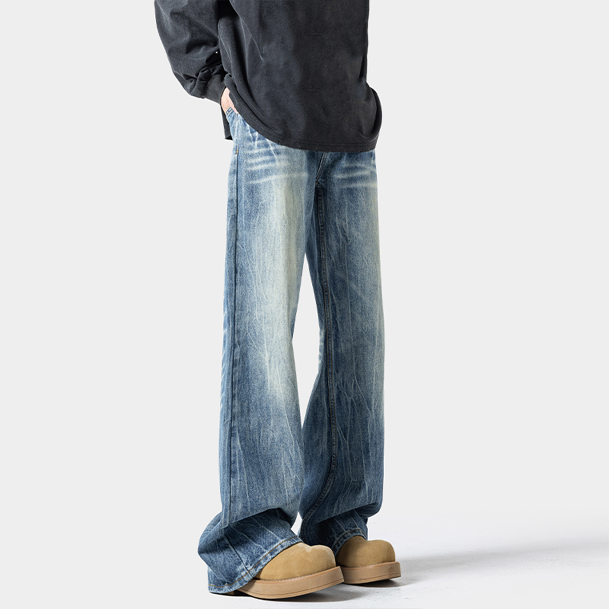 闪电纹微喇牛仔裤男潮新水洗穿搭复古宽松直筒显瘦高街痞帅长裤子