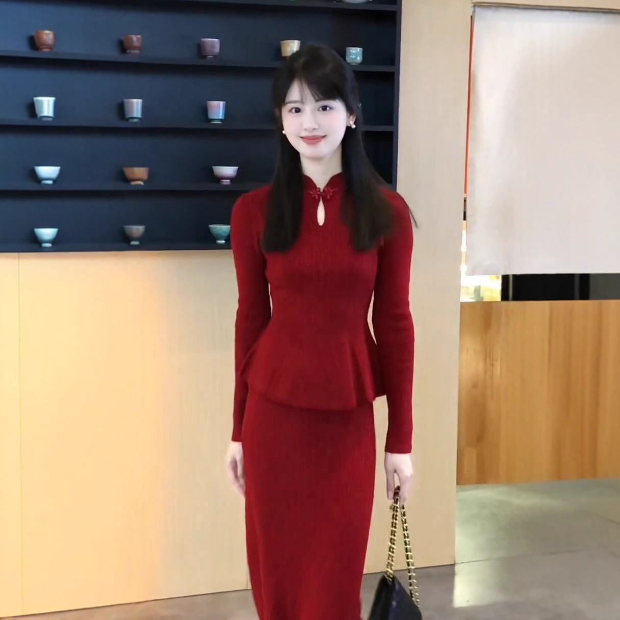 3239气质一整套ootd穿搭秋冬漂亮超好看高级感新中式红色套装裙