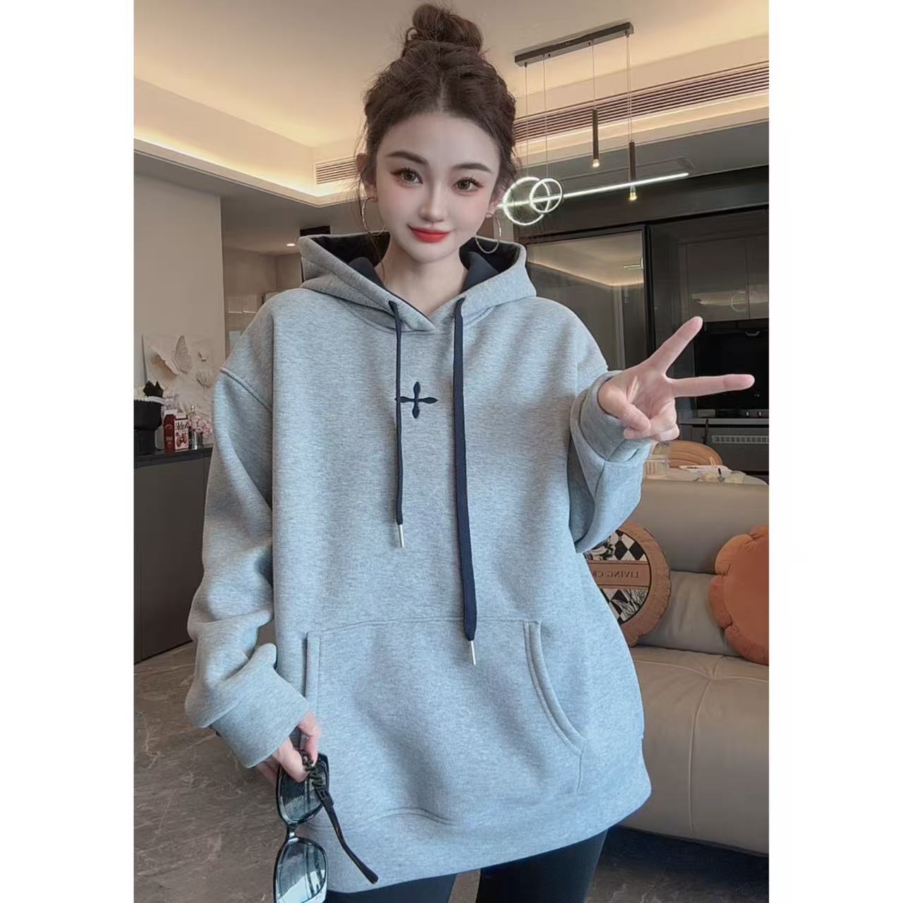 【半夏专属】复古懒风【❤】中长款宽松大版连帽加绒卫衣 2676