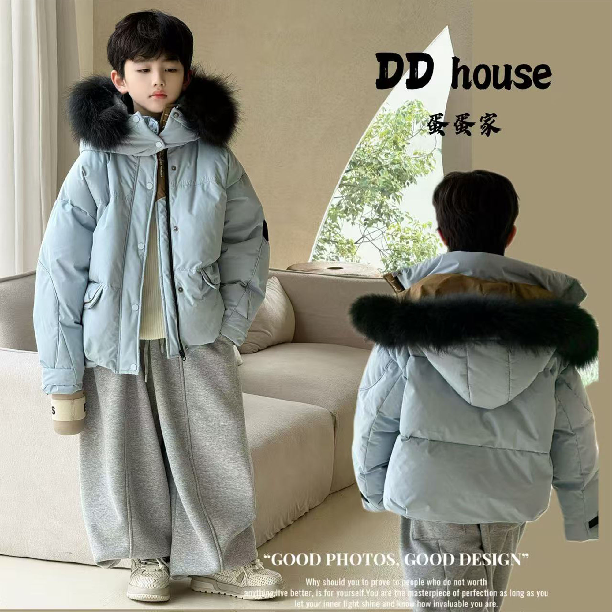 蛋蛋家【温暖你我】25323冬季新款洋气蓝色毛领棉服外套