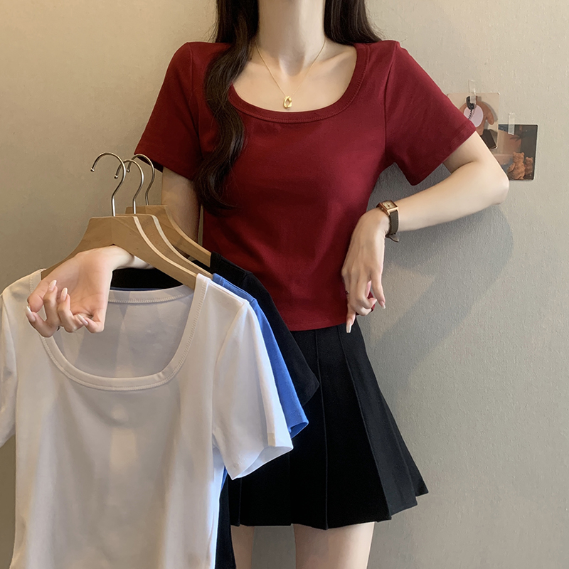 C大码短袖T恤女夏季新款时尚胖MM显瘦休闲简约百搭纯色短款上衣服