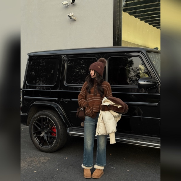 【郝洁】“法棍裤”高级时髦百搭高腰宽松阔腿加绒牛仔裤80207