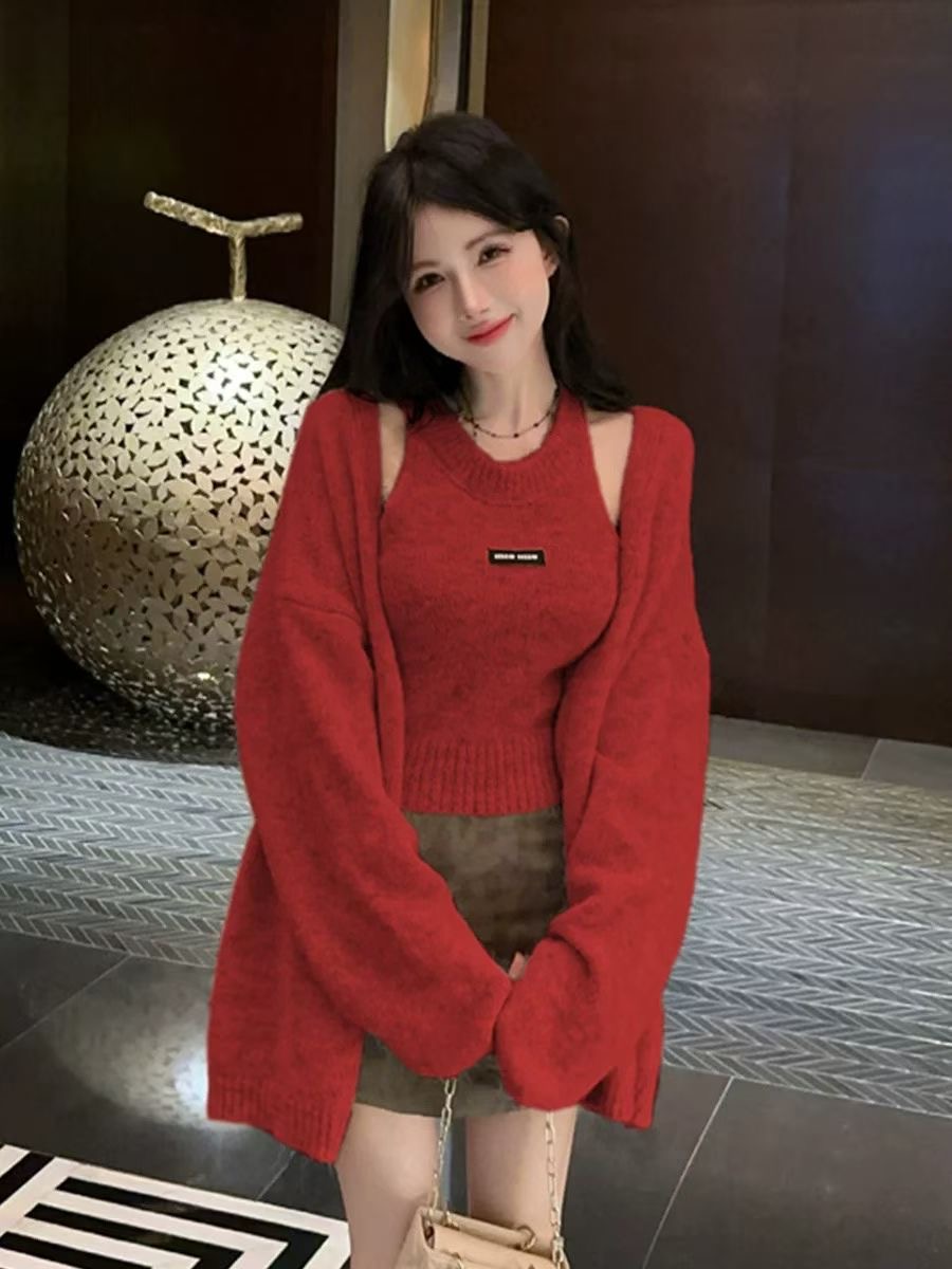 中长款毛针织衫慵懒辣妹风两件套厚款圆领针织