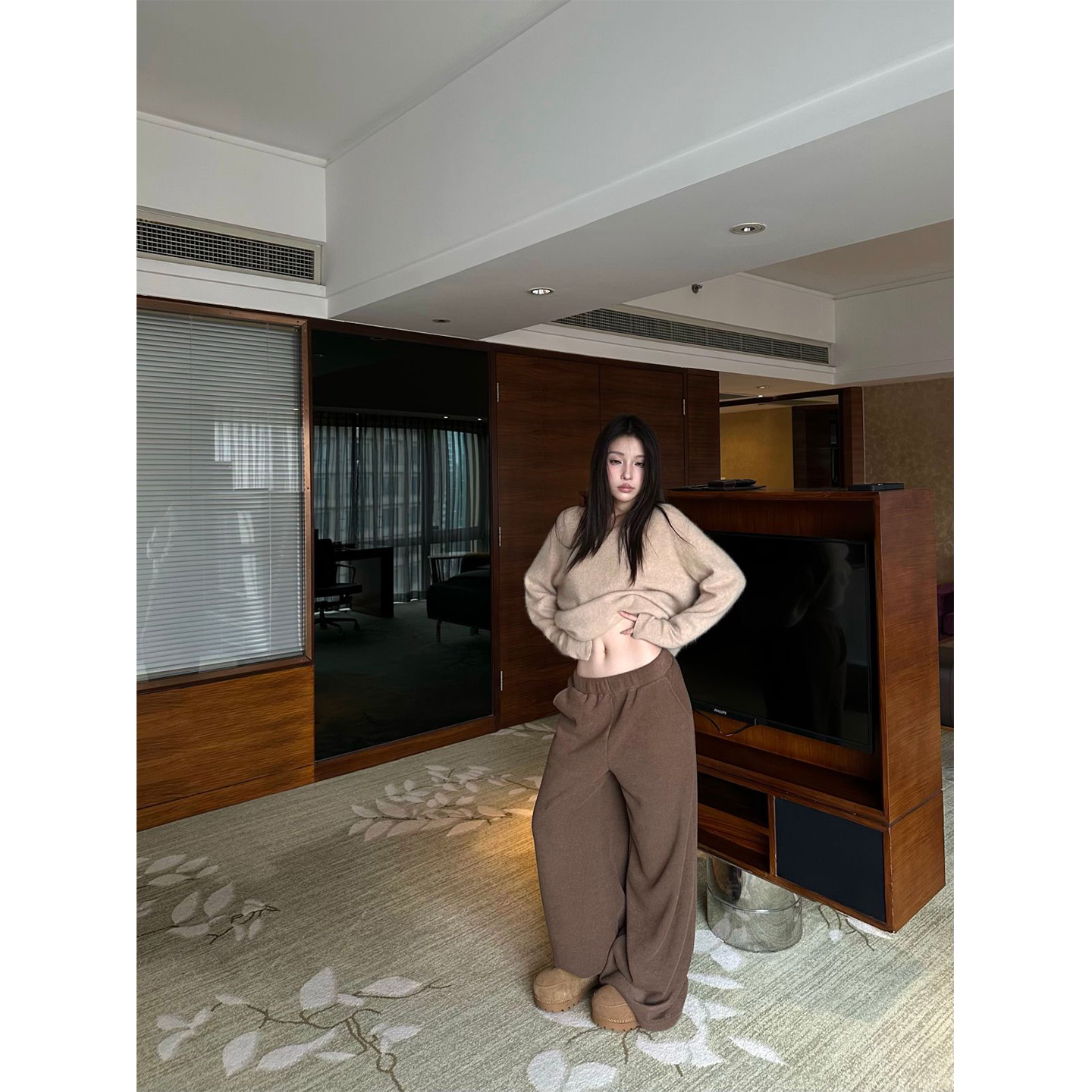 FuunJ Lazy糯米裤慵懒宽松阔腿加绒休闲裤女松弛垂感加厚拖地长裤