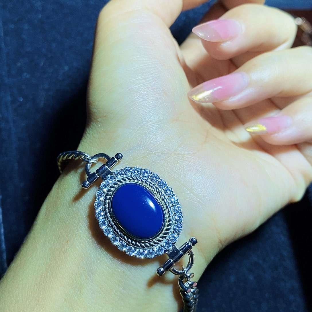 银S925镶嵌蓝珀裸石多米皇家蓝净水手链