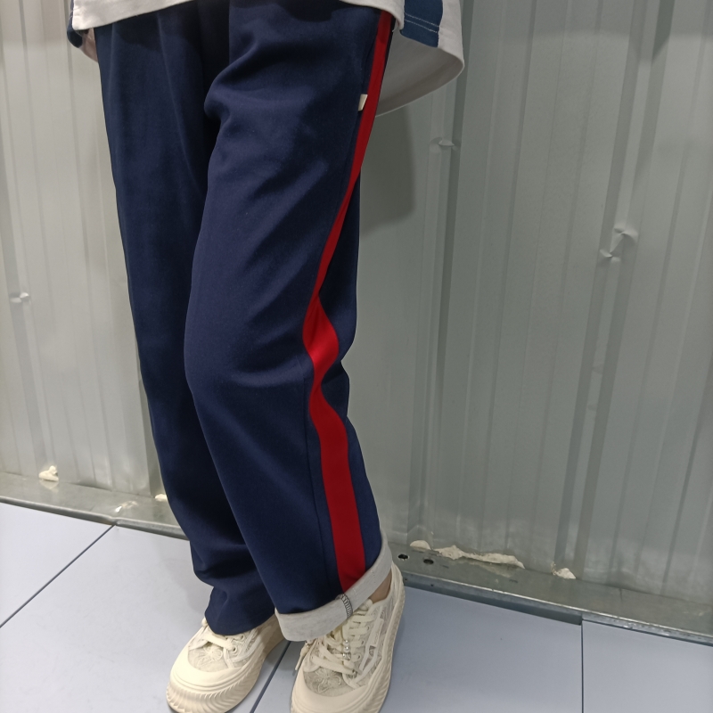 春秋棉料宽红条校服裤子一道杠男女中小学生直筒藏蓝色粗红条校裤