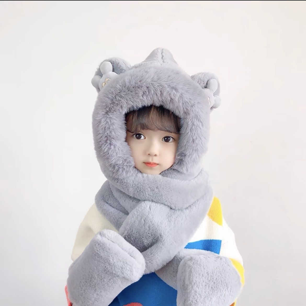 小熊帽子围巾一体儿童三件套防风加绒加厚可爱毛绒围脖手套三件套