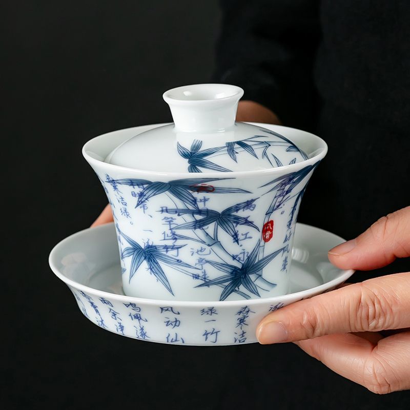青花诗文竹节马蹄三才盖碗陶瓷家用高档功夫茶具不烫手茶碗0831