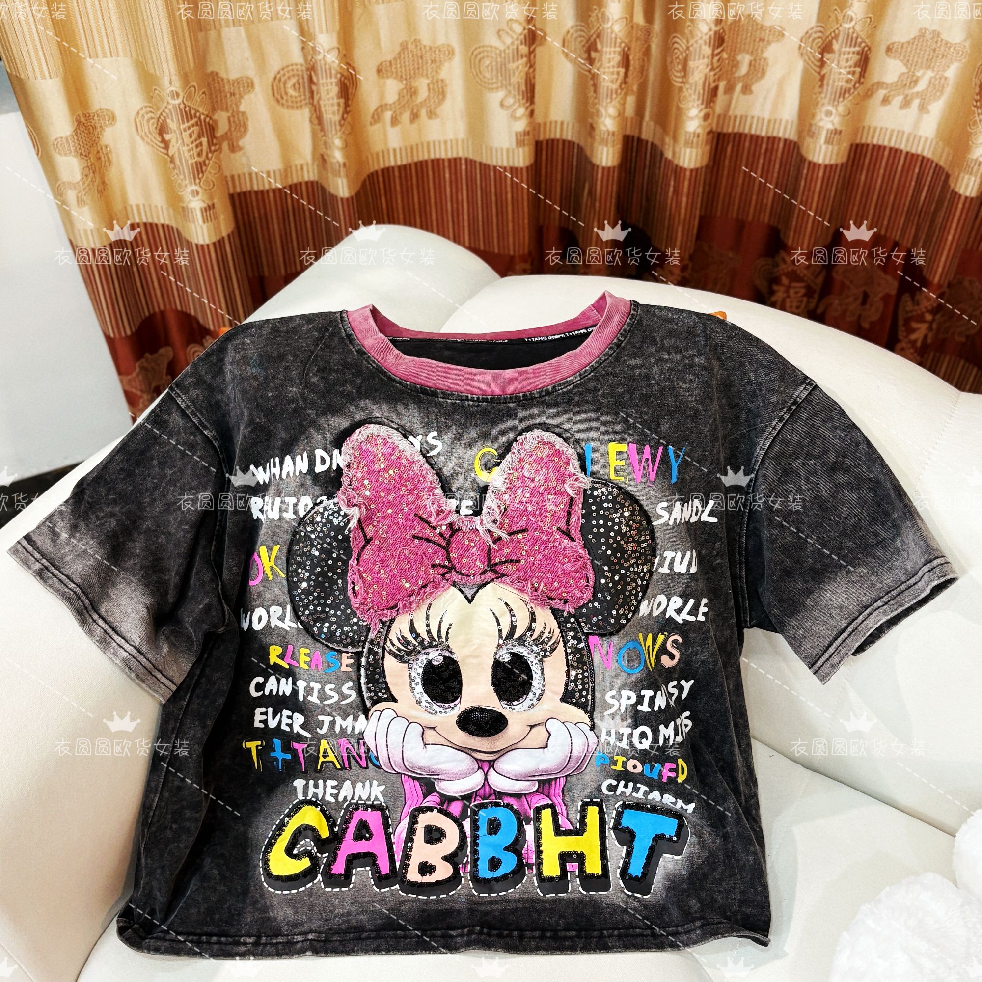 衣圆圆【街头】S33666夏季新款宽松拼接牛仔T恤