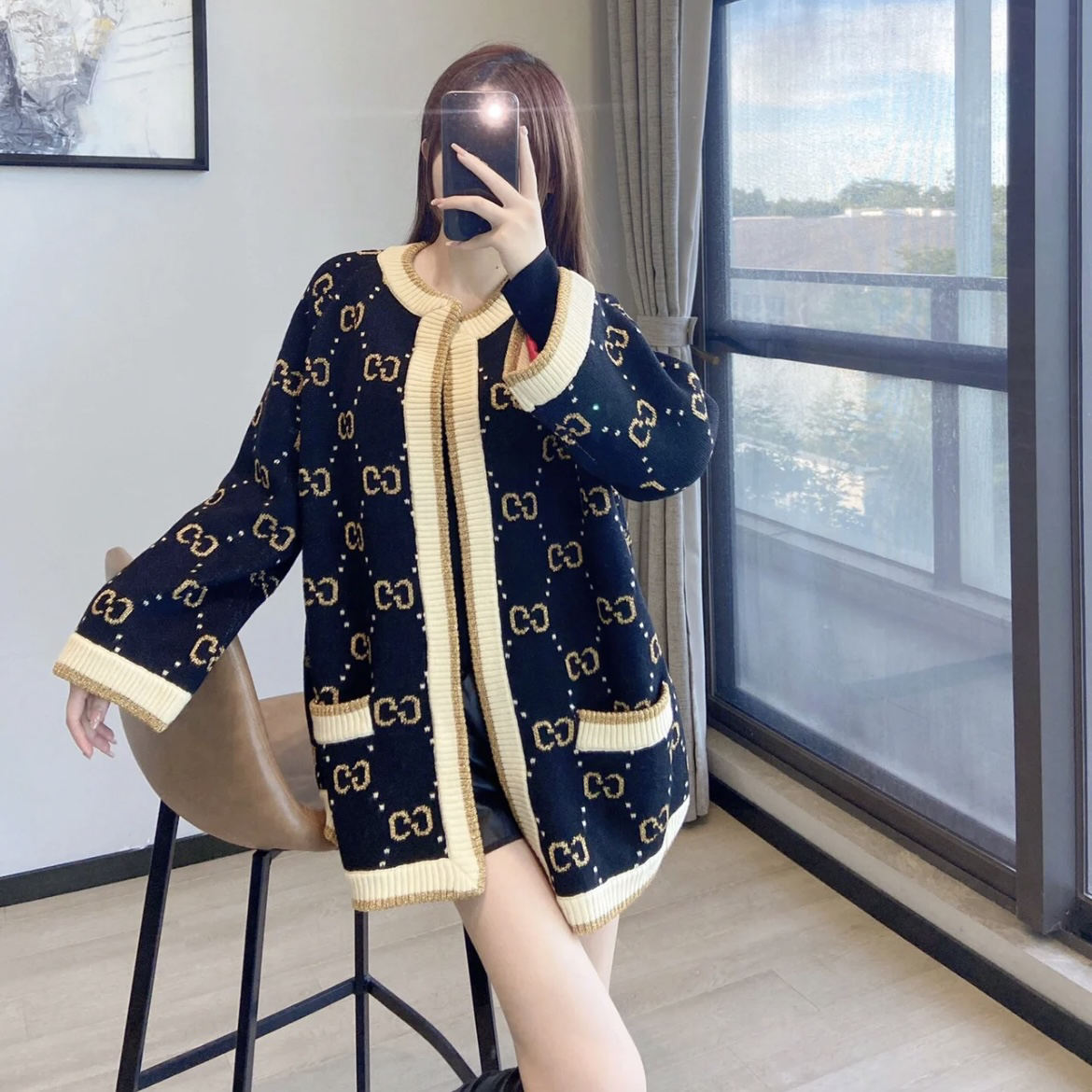 99新 GUCCI/古驰  bb0989 老花满印金丝开衫 XS码 98新 