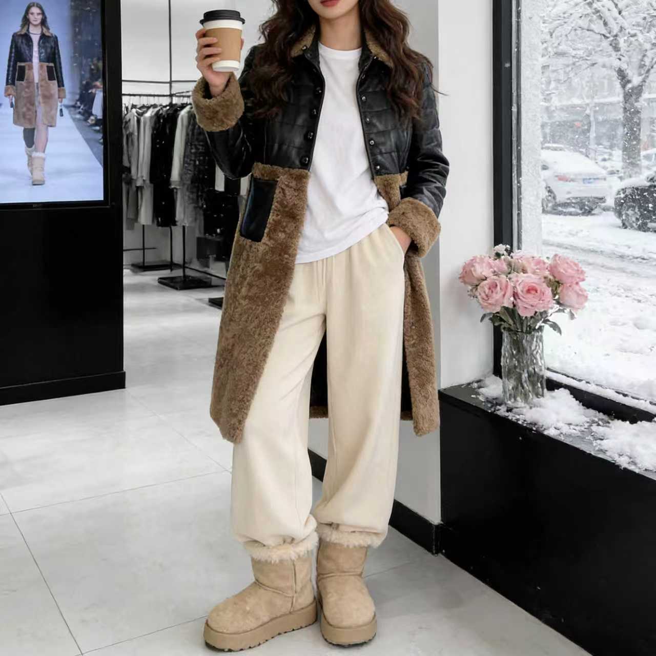 女士秋冬中长款加绒加厚可拆卸内胆毛领修身显瘦皮衣外套