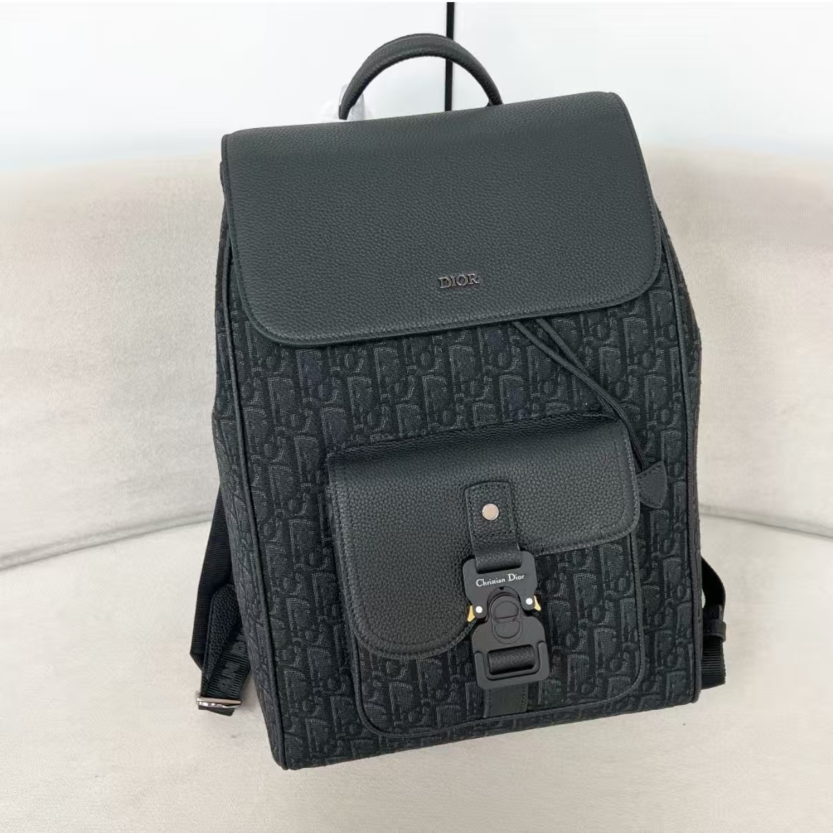 99新 DIOR/迪奥 蔚蓝中古/黑色Oblique老花双肩包