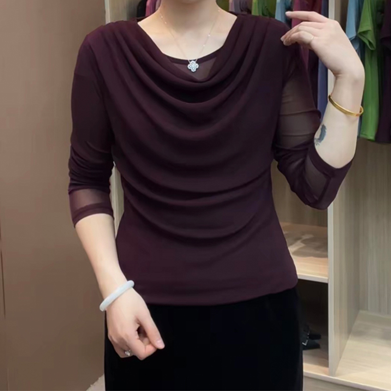 堆堆领网纱大龄妈妈打底衫女内搭2025年秋季新款长袖t恤蕾丝#5882