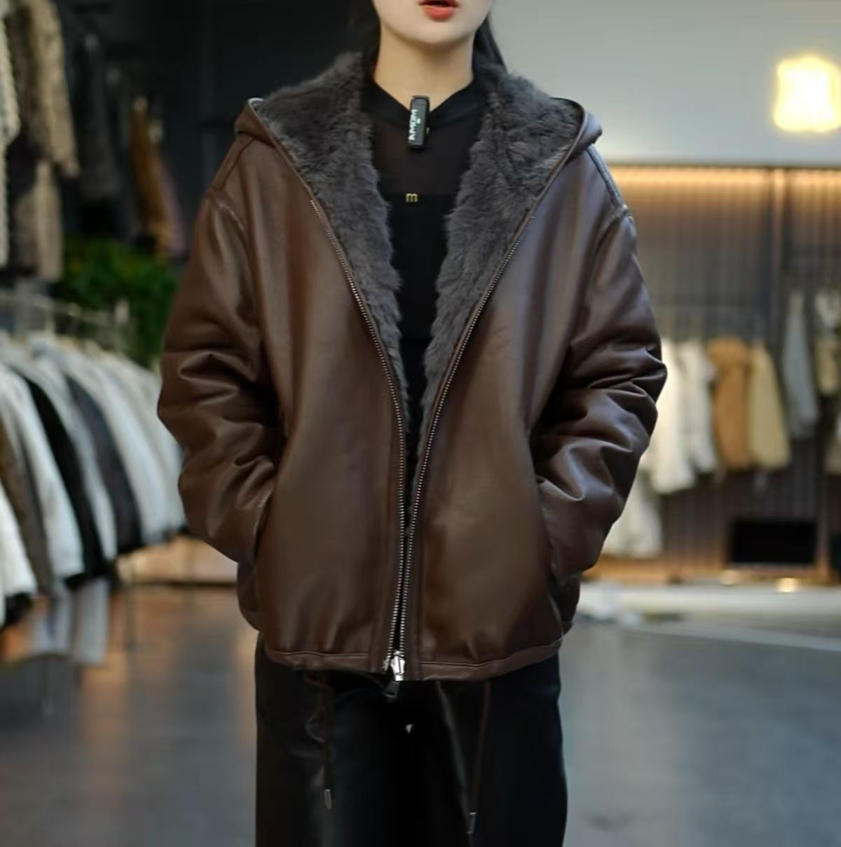  新款休闲秋冬季外套女气质两面穿加绒短款时尚百搭外套加厚黑色