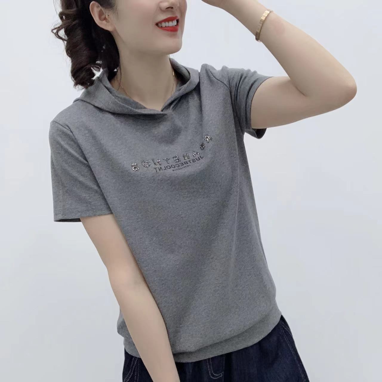 夏季新品限定连帽短袖烫钻T恤时尚简约显瘦气质百搭上衣