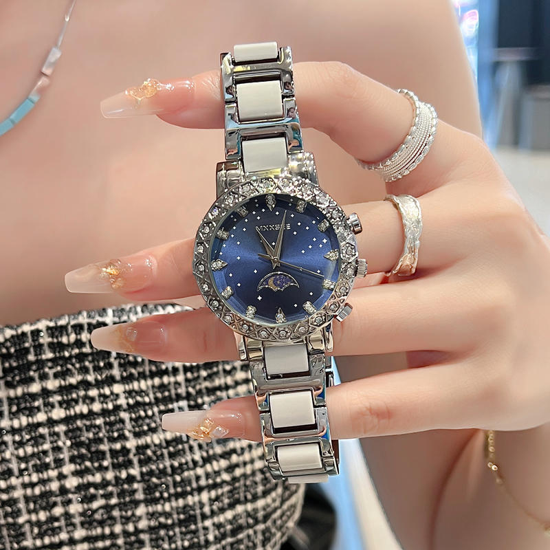 爆款圆形日月星辰镶钻女表带日历钢带陶瓷腕表防水防汗