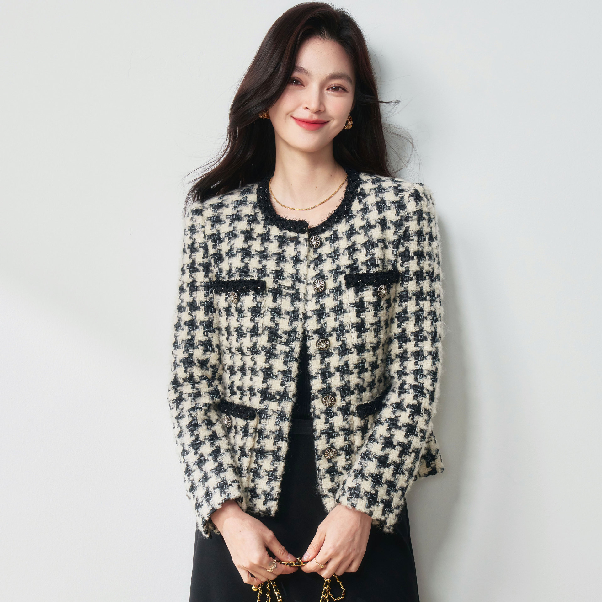 《黑白千鸟格》春季法式轻奢重磅绵羊毛编织粗花呢