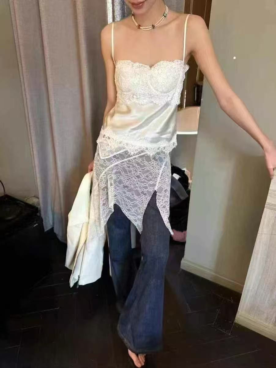 Esu 新品小众不规则罩裙腰封裙网纱蕾丝拼接显瘦喇叭弹力牛仔裤