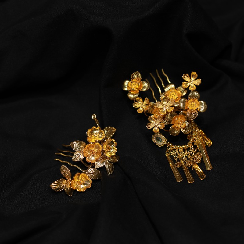 合金婚庆饰品 12154中式金色花朵边钗小配饰可叠戴