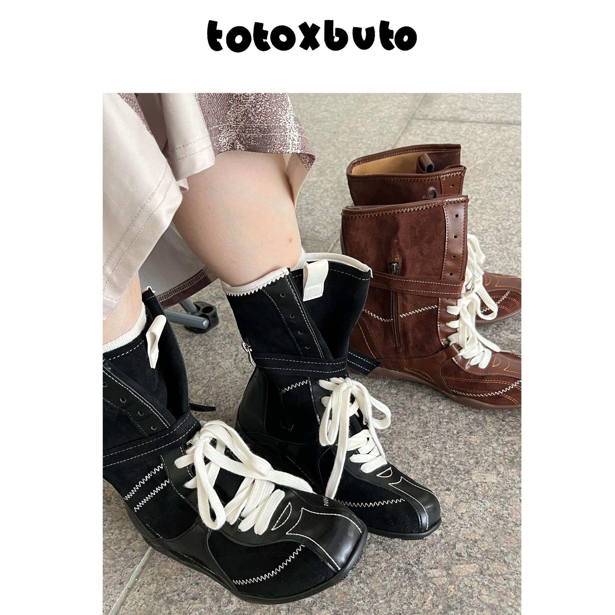 totoXbuto 圆头小众设计款复古内增高拳击靴女