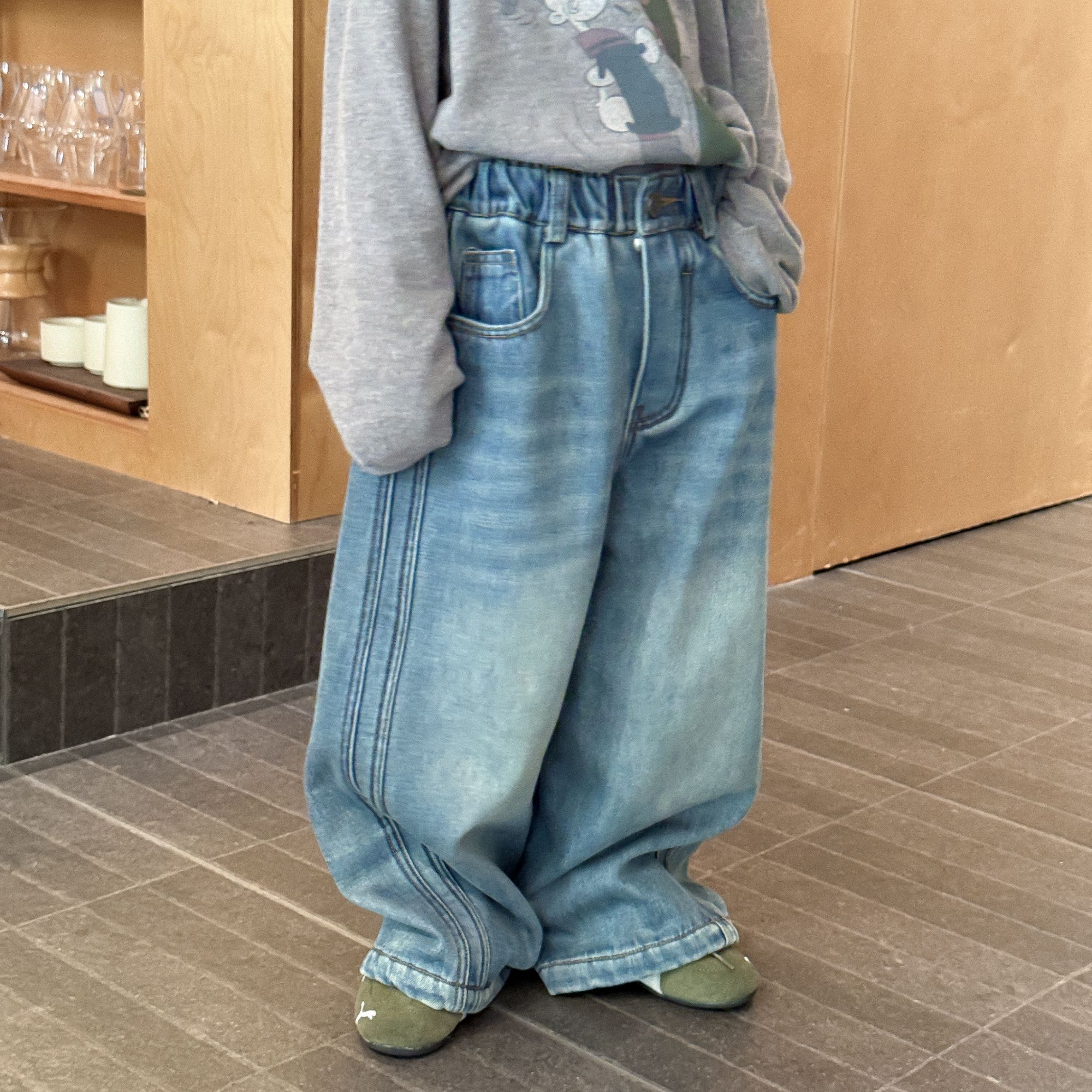 甜妈家童装 韩版洋气男女童加绒加厚牛仔裤儿童一体绒裤子潮