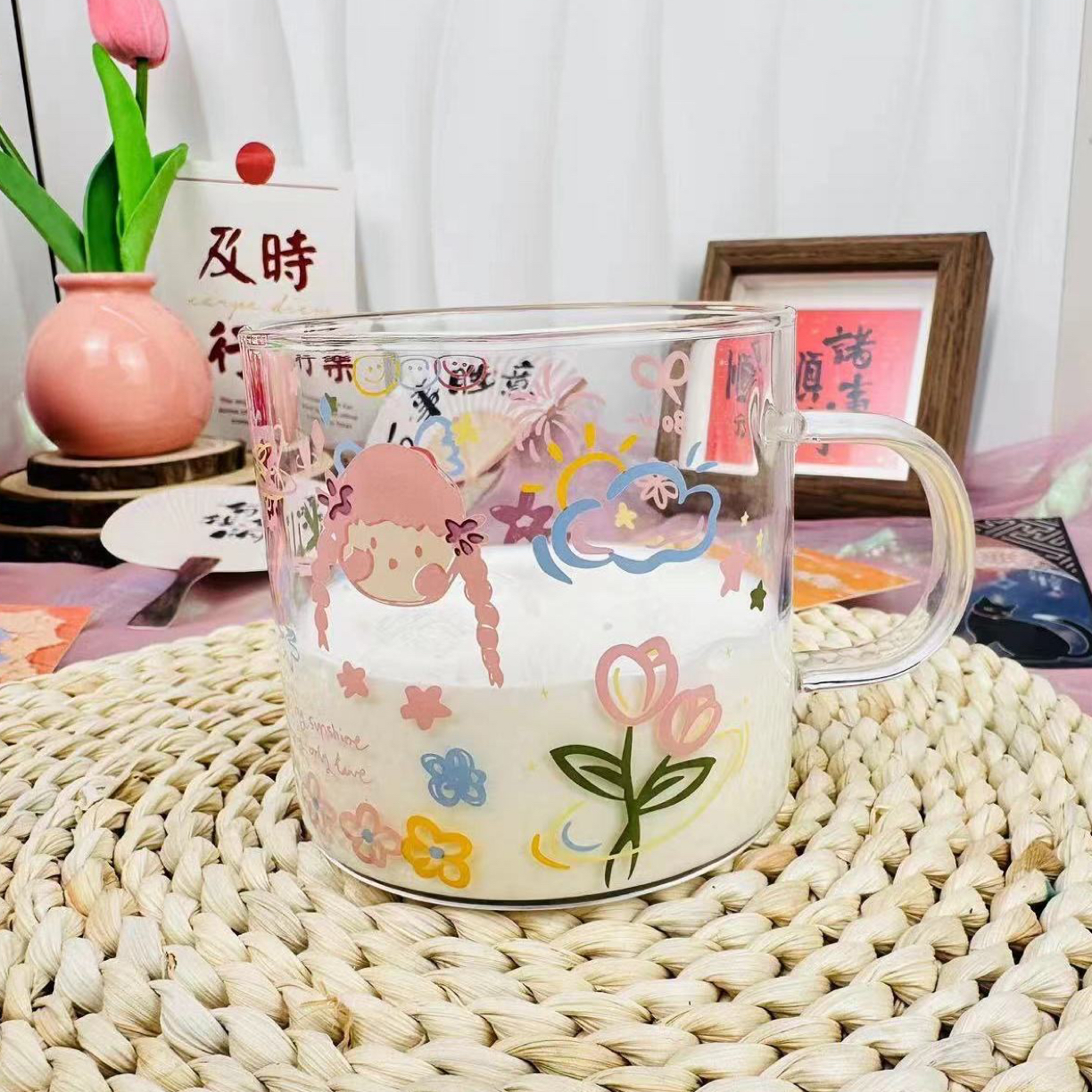 高硼硅星星ins风玻璃杯把手1000ML水杯大容量果汁杯饮料吸管杯