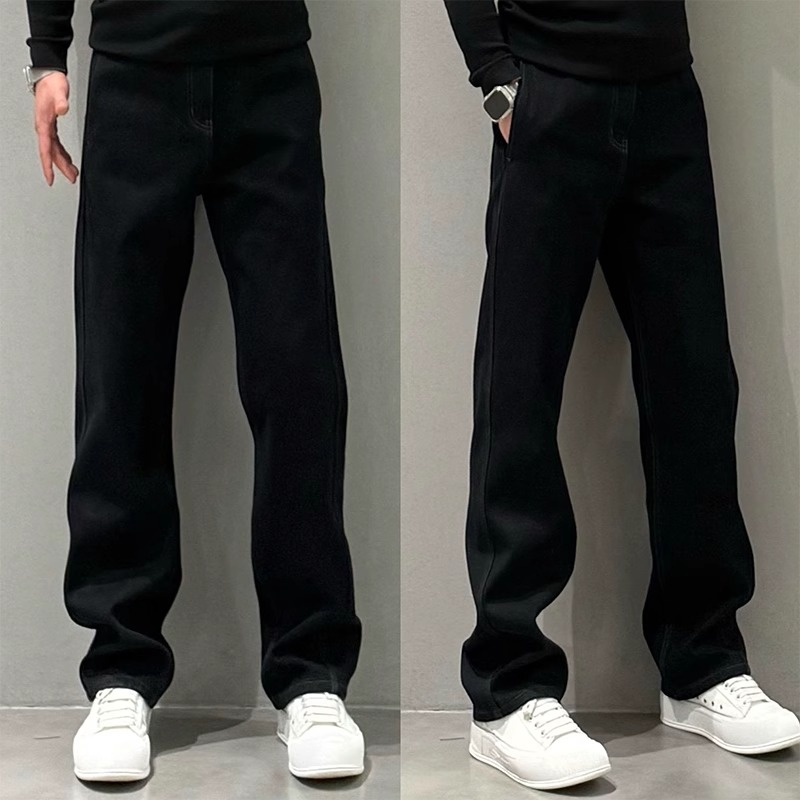 高档欧货秋冬新款休闲裤加绒加厚轻奢纯色简约直筒裤宽松百搭长裤