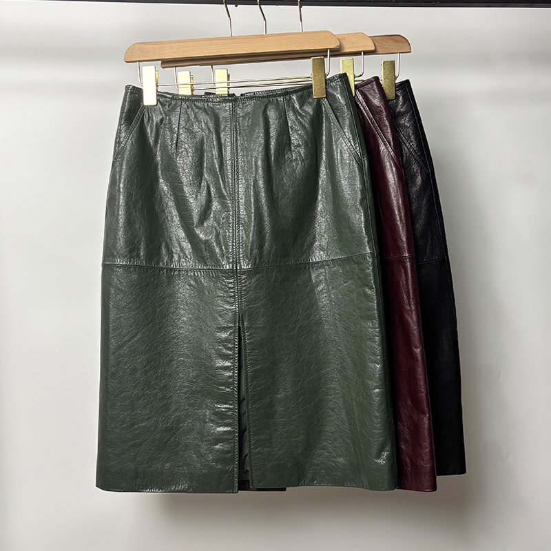 油蜡小牛皮真皮皮裙女2025新款时尚高腰显瘦前开叉a字包臀半身裙