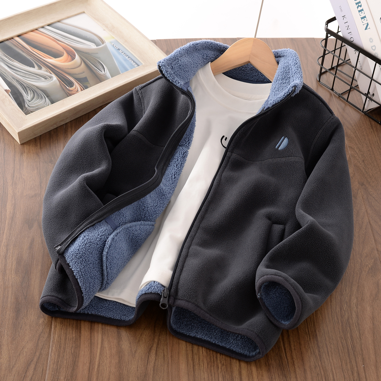 男童双面绒拉链外套2025新款冬季儿童立领加厚保暖休闲上衣