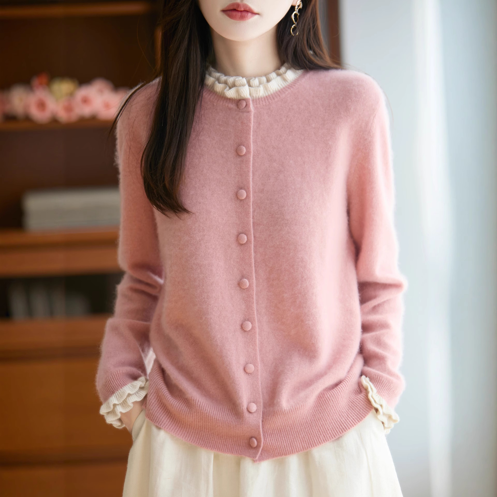 【崔万志工厂】100羊毛木耳边圆领上衣洋气外套羊毛衫