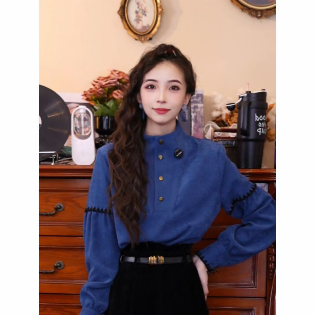 豆芽【海豚恋人】港风复古气质长袖上衣03334