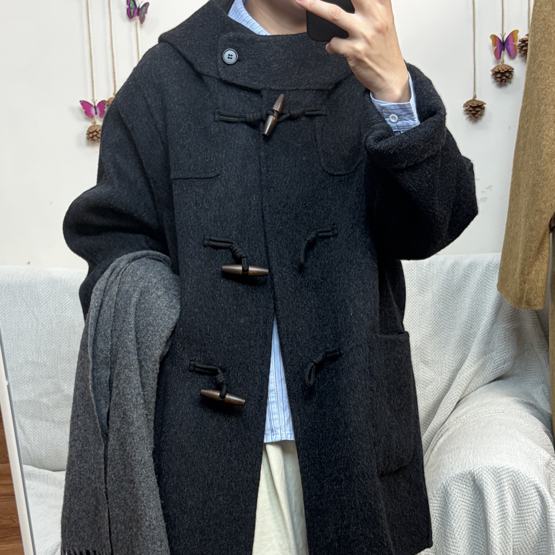 女士秋冬双面短款连帽宽松气质大衣