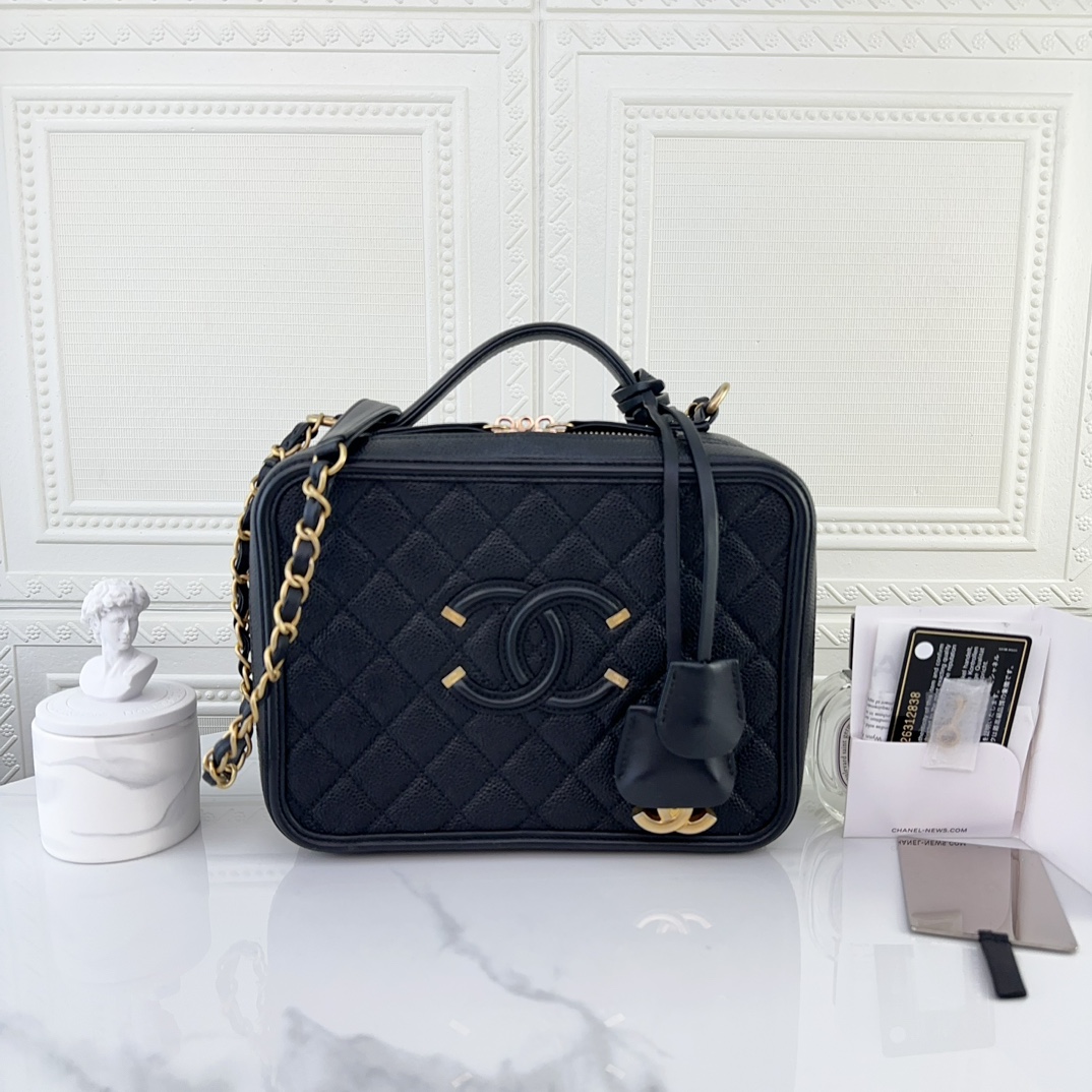 99新 Chanel/香奈儿 vanity case相机包荔枝纹黑金中号二奢包包