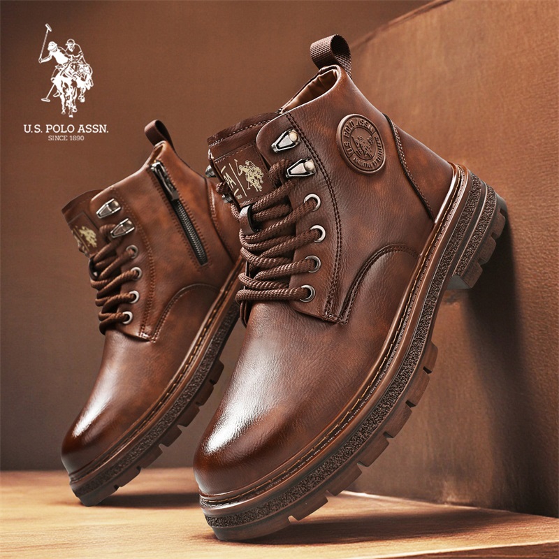 U.S. POLO ASSN.秋冬季新款中高帮马丁靴男士皮靴潮流英伦风厚底