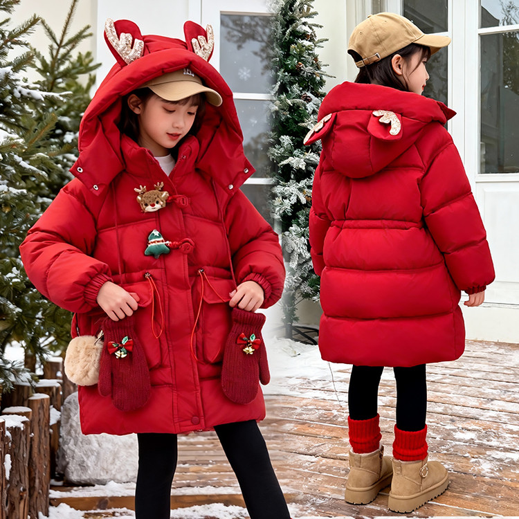 女童红色棉服冬季2026新款儿童洋气加绒加厚外套冬装棉袄年服棉衣