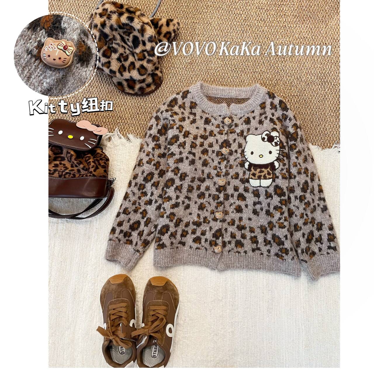 现货【VOVO品牌店】秋季童装新品设计师豹纹猫咪毛衣开衫 W25080807