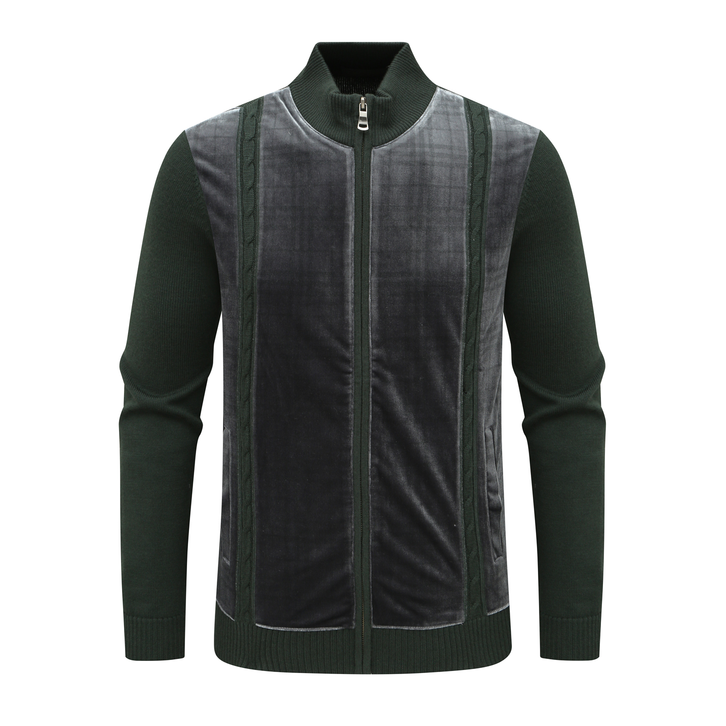 KN12康男式舒适有弹力 休闲立领开衫毛衣 绿色