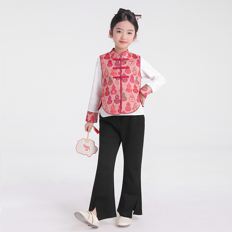 唐装女童汉服马甲国风新年衣服长袖2025春季新款儿童新中式拜年服