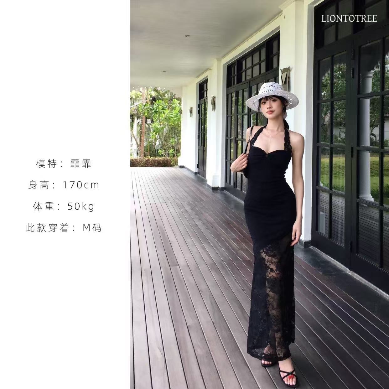 【Liontotree奶兔锤】【维多利亚】黑色蕾丝挂脖拼接连衣裙 F311-315