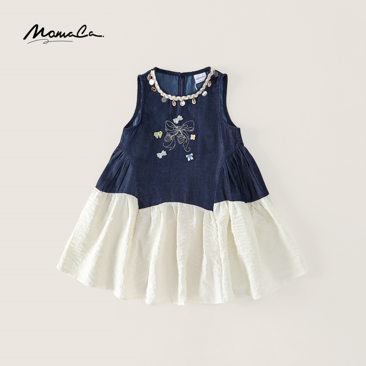 MOMOCO女童夏季女宝复古蝴蝶结拼接设计感牛仔连衣裙77620484001