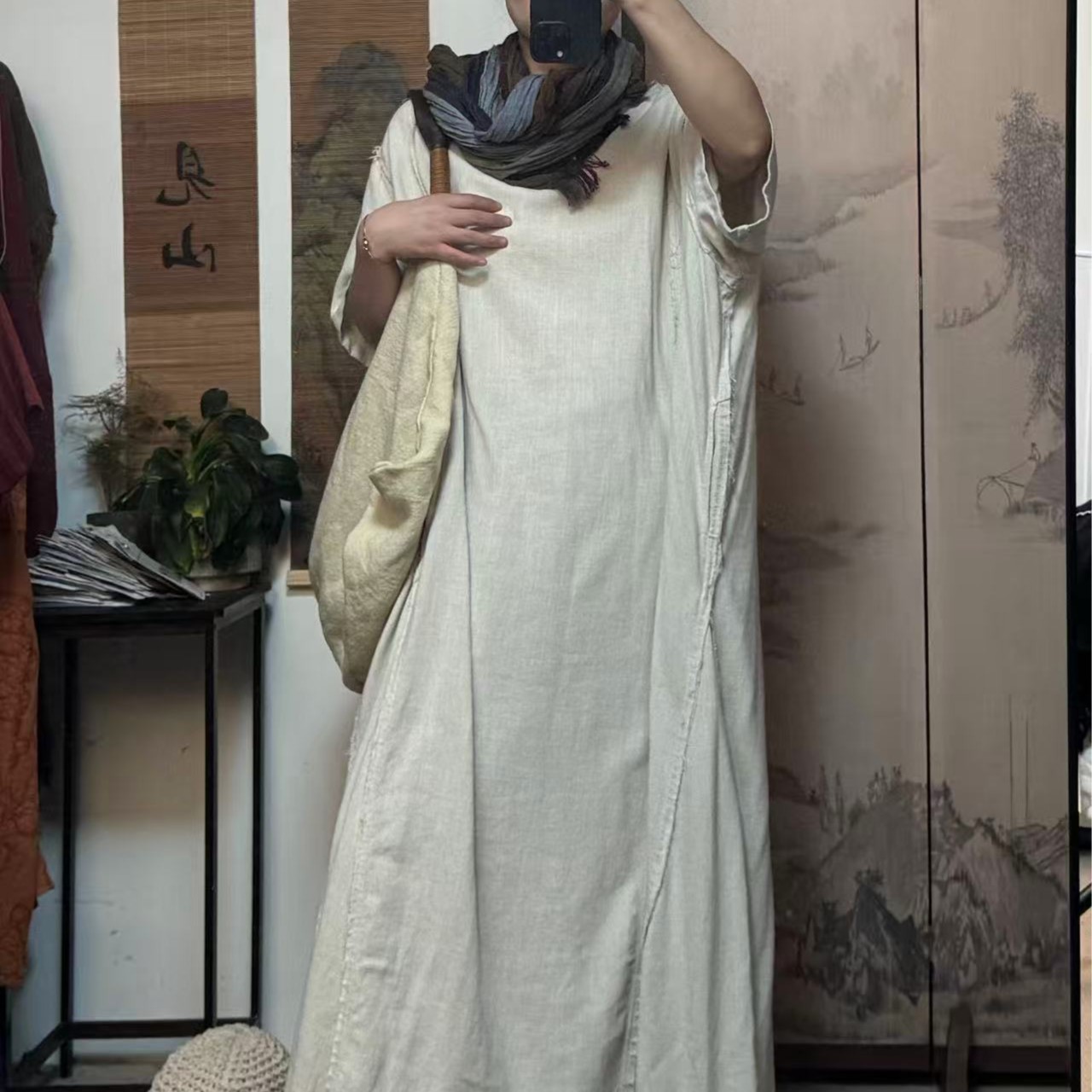 《川原与麻》亚麻毛边长款连衣裙